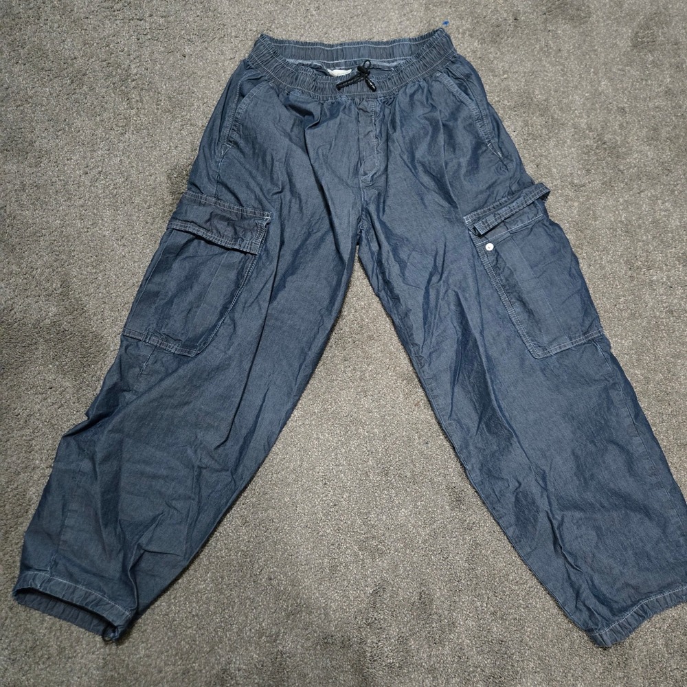 PILCRO‎ Women's Relaxed Chambray Cargo Pants Drawstring Waist Casual Comfy